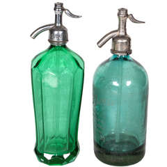 Two Green French Retro Seltzer Bottles