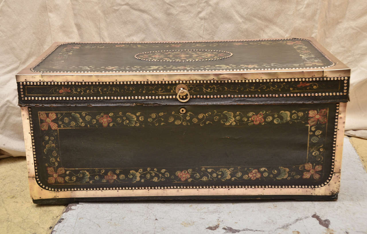 Early 19Th Cent. China Trade Floral Painted Leather Covered  & Brass Bound Camphor Trunk. Three Sides & Top Bordered With A 2