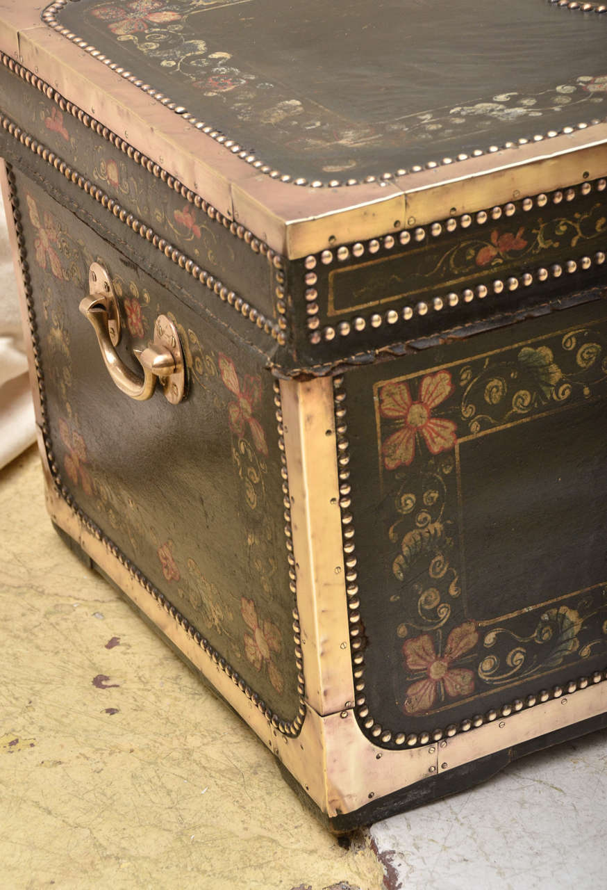 China Trade Floral Painted Leather Covered Camphor Trunk In Excellent Condition In Southampton, NY