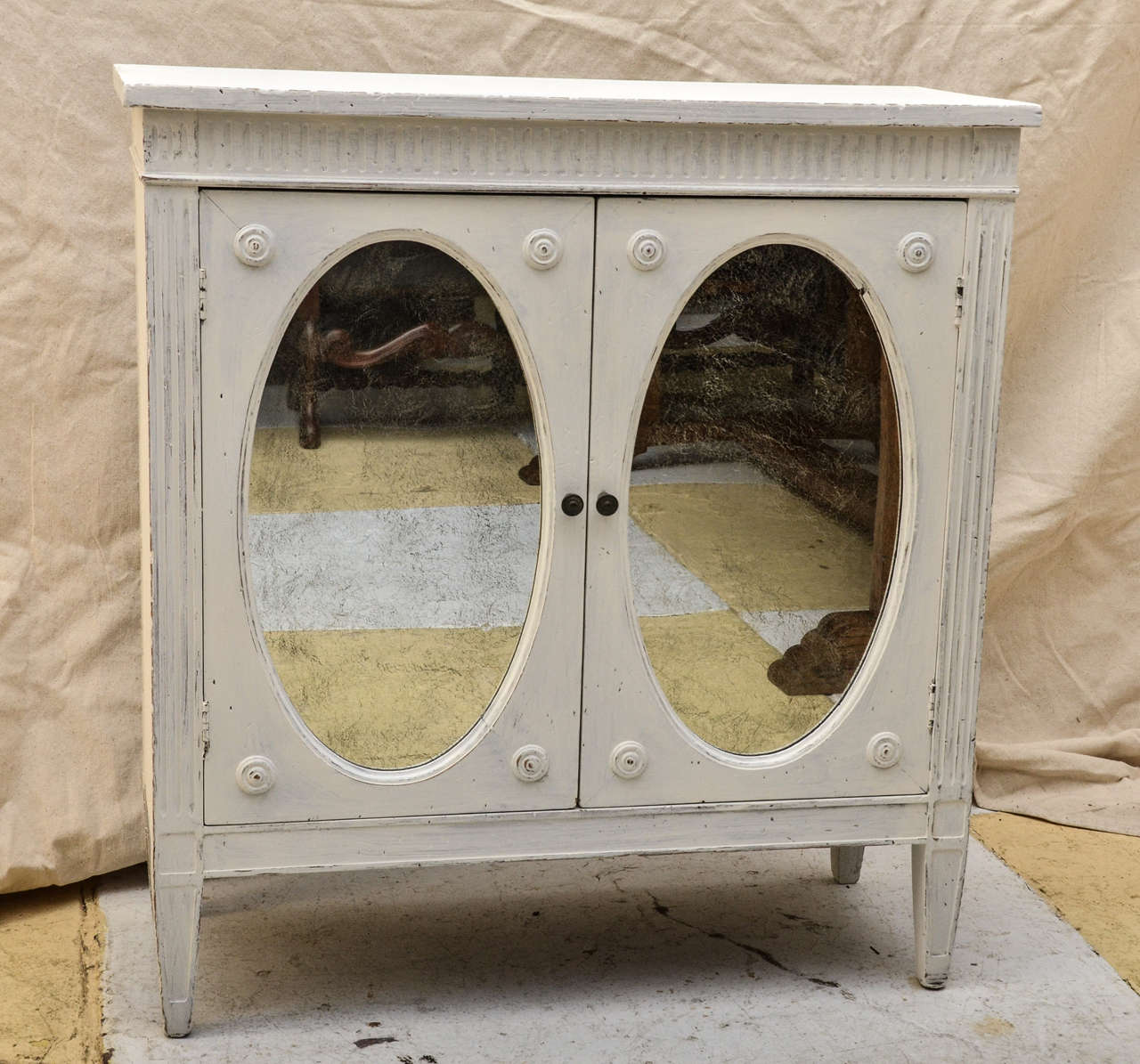 French Gustavian Style Distressed Painted Oval Mirror 2 Door Cabinet