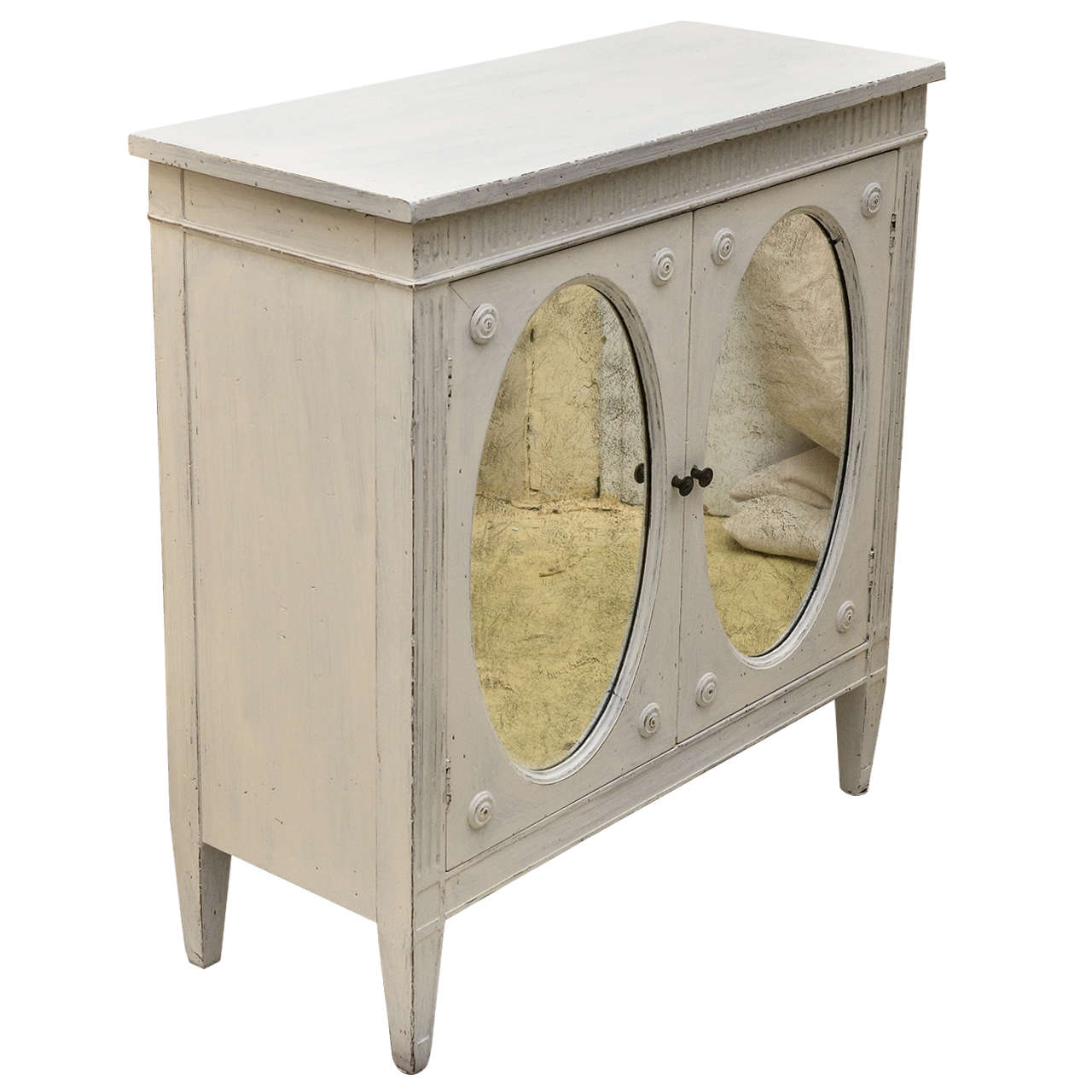 Gustavian Style Distressed Painted Oval Mirror 2 Door Cabinet