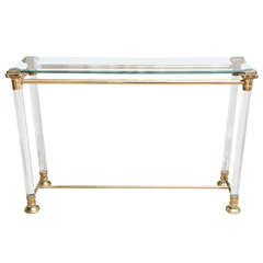 Lucite, Brass and Glass Console Table