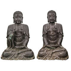 Lifesize Pair of Seated Bronze Buddhas