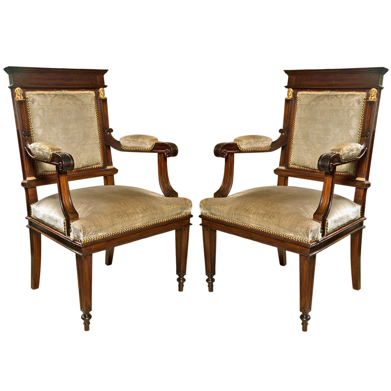 Pair Mahogany Empire Style Open Arm Chairs