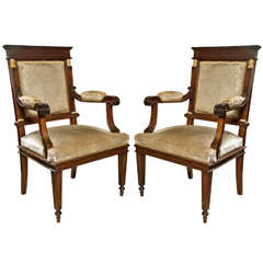 Pair Mahogany Empire Style Open Arm Chairs