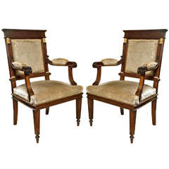 Pair Mahogany Empire Style Open Arm Chairs