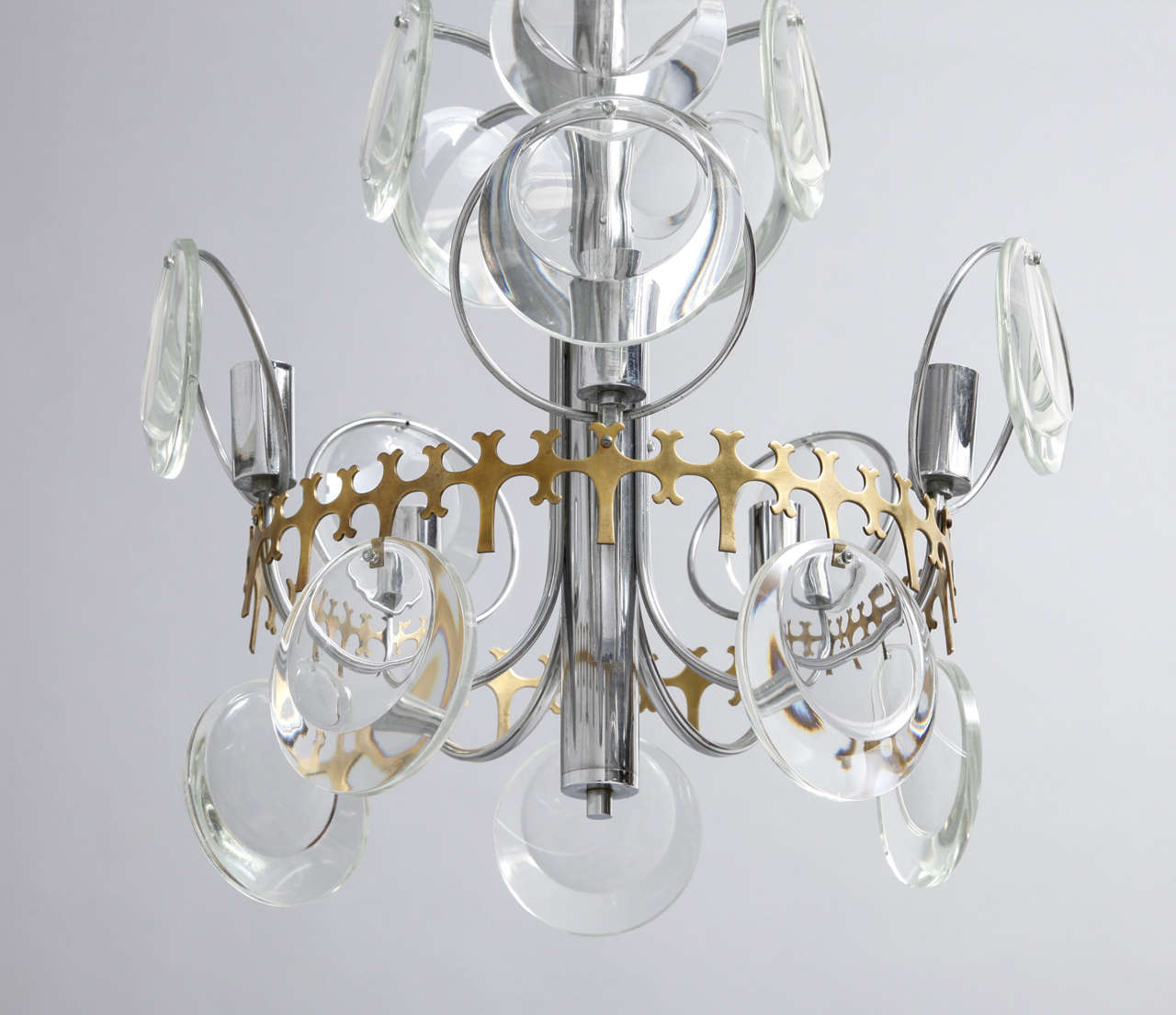 Mid-Century Modern Vistosi Brass and Chrome Clear faceted Crystal Disc Chandelier, Italy 1970s