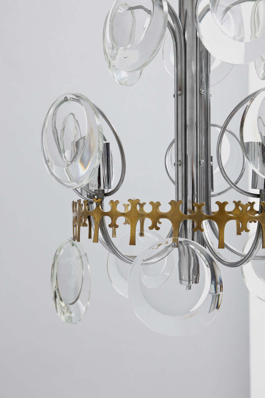 Italian Vistosi Brass and Chrome Clear faceted Crystal Disc Chandelier, Italy 1970s