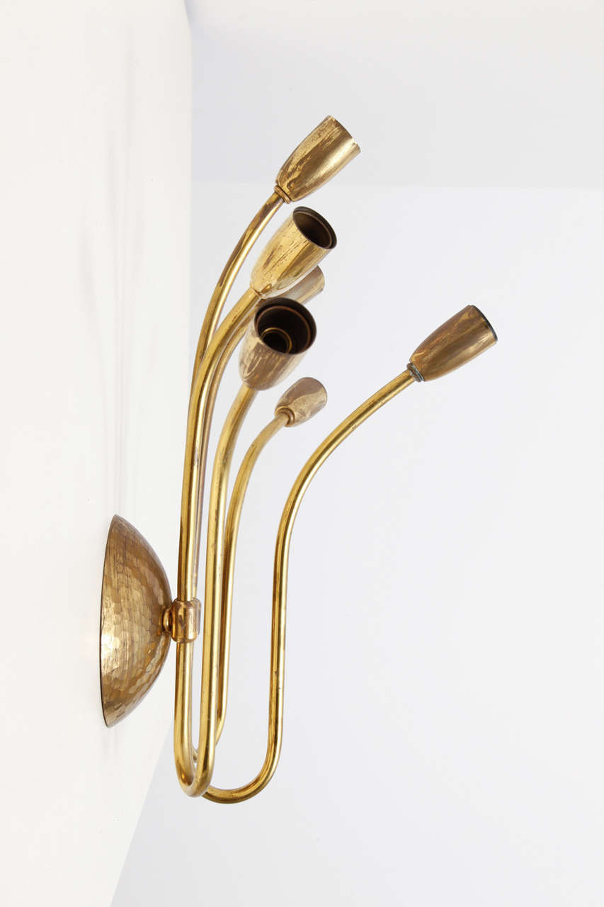 Set of Six-Arms Hammered Brass 1950s, Sputnik Sconces