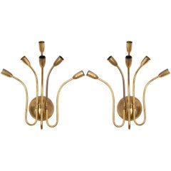 Set of Six-Arms Hammered Brass 1950s, Sputnik Sconces