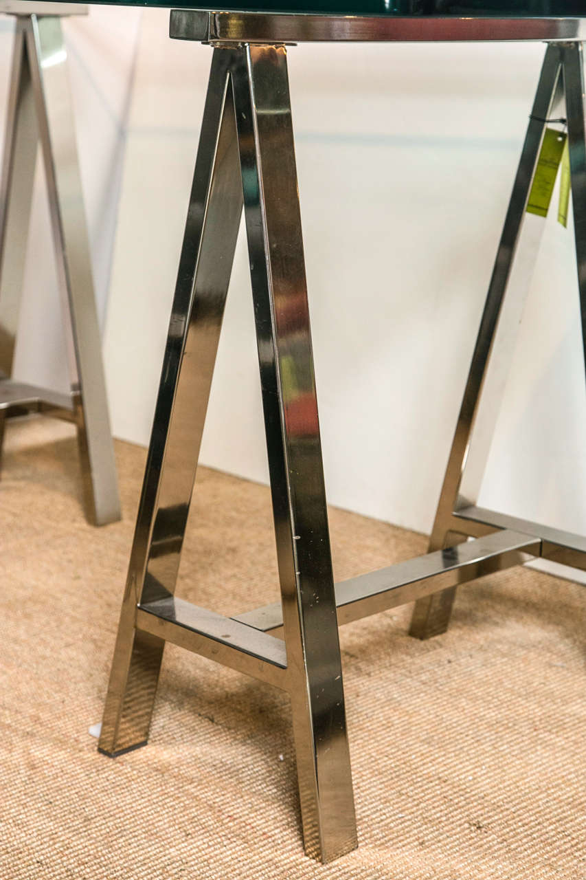 Chrome Leg Sawhorse Glass Top Table In Good Condition In Stamford, CT