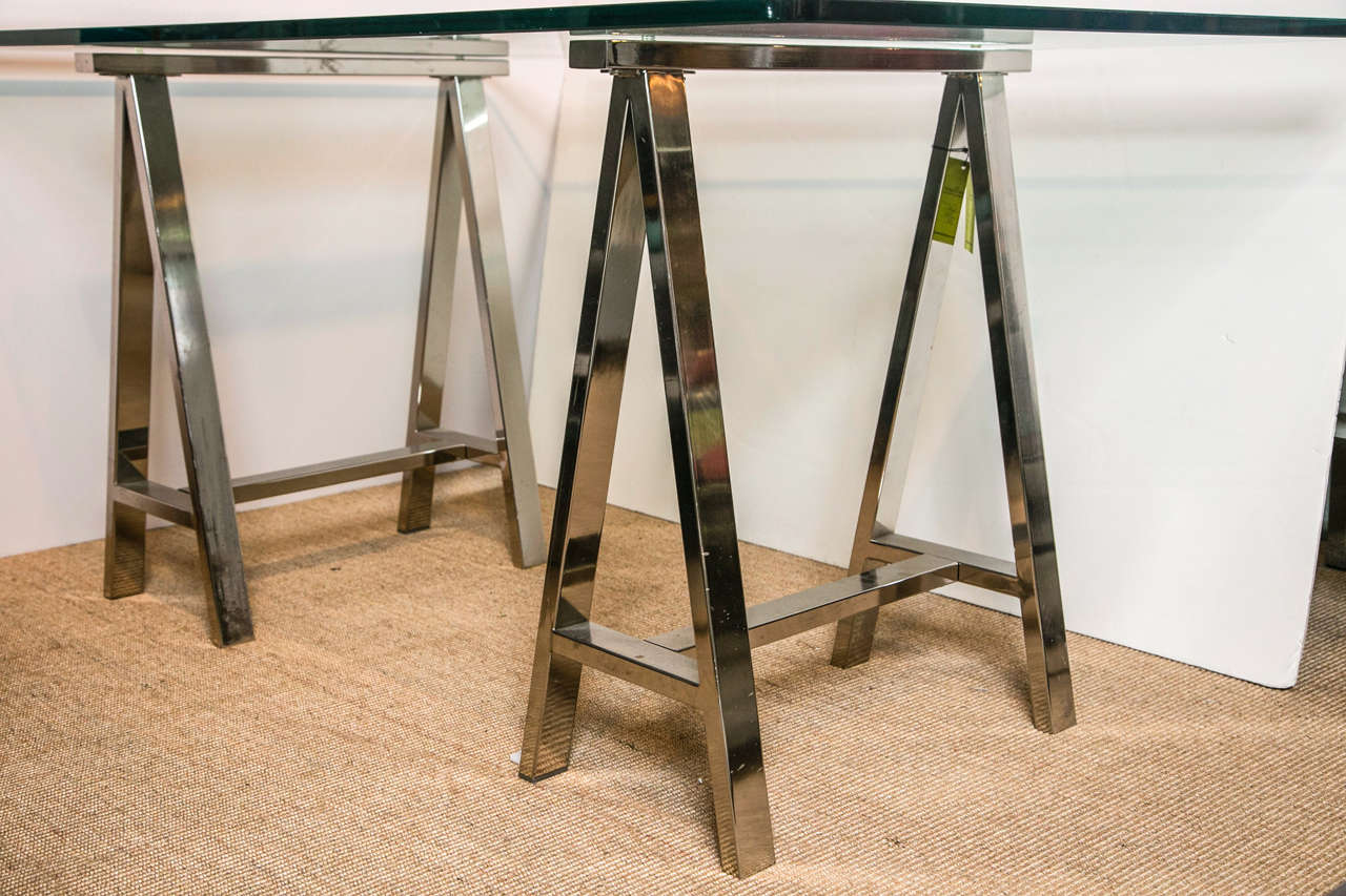 Contemporary Chrome Leg Sawhorse Glass Top Table