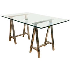 Chrome Leg Sawhorse Glass Top Table