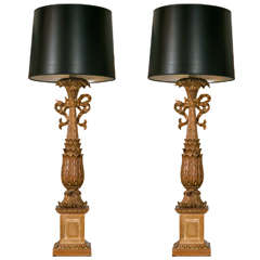 Pair of carved wood Mid-Century Lamps with Pineapples
