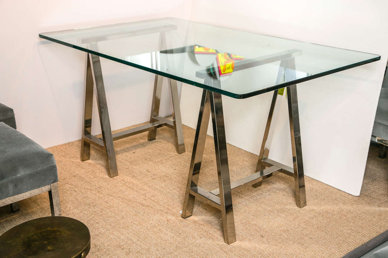 Chrome Leg Sawhorse Glass Top Table at 1stDibs chrome sawhorse legs