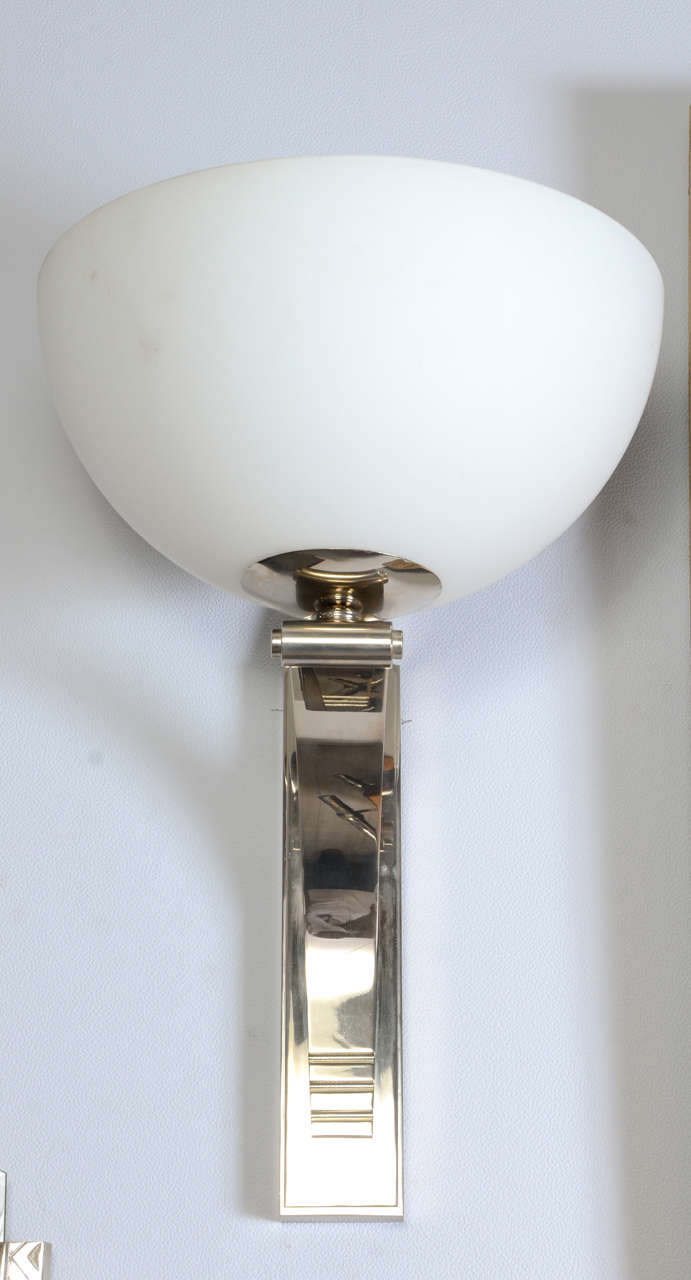 Pair of Art Deco Silvered Bronze Sconces with Opaline Basins