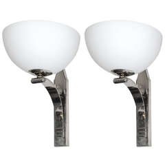 Pair of Art Deco Silvered Bronze Sconces with Opaline Basins