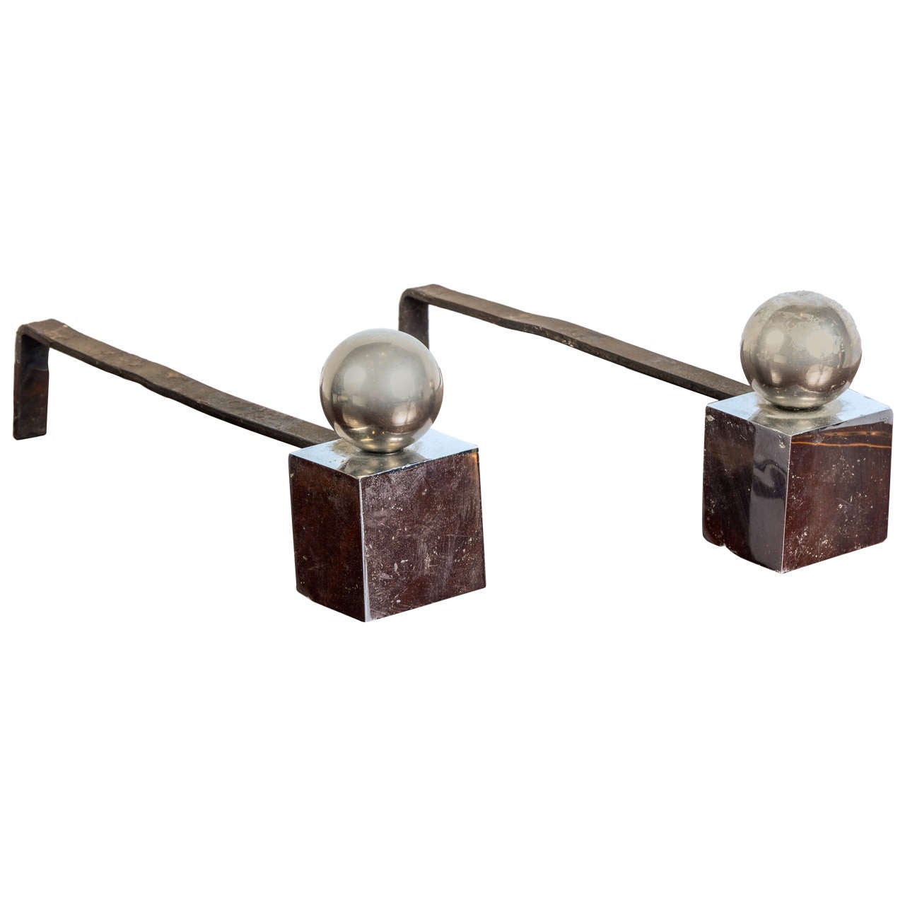 Pair of Chrome Steel Andirons by Jacques Adnet For Sale