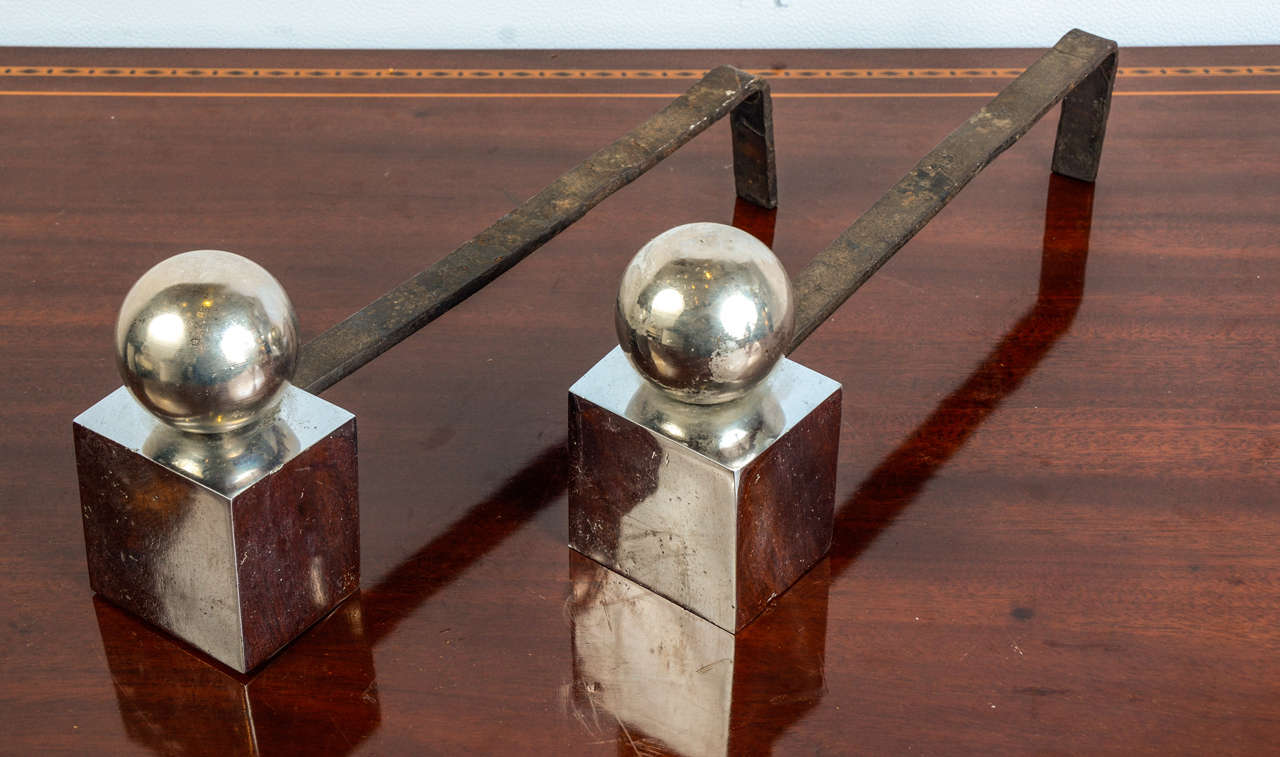 Art Deco Pair of Chrome Steel Andirons by Jacques Adnet For Sale