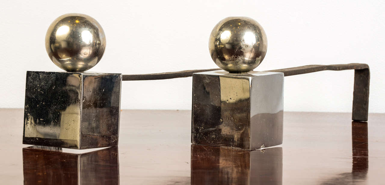 French Pair of Chrome Steel Andirons by Jacques Adnet For Sale