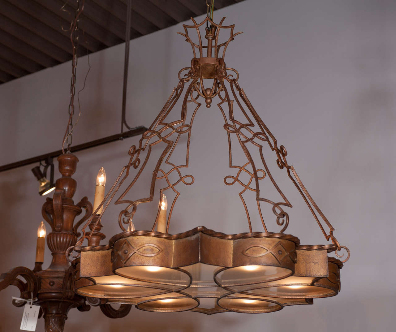 20th Century French Deco Hand Forged Metal/Glass Chandelier, c. 1910 Paris In Excellent Condition In Toronto, ON