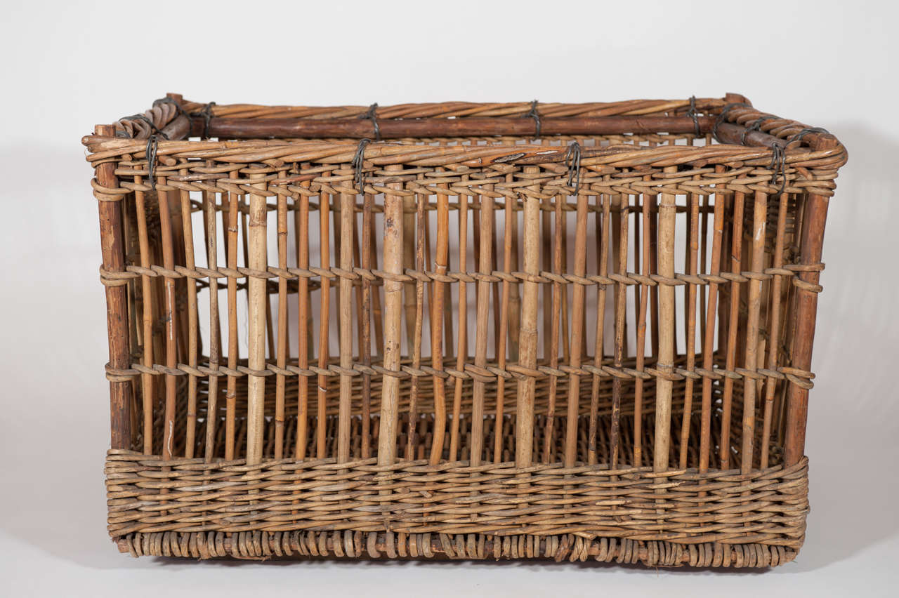 Folk Art 19th century Rustic Wicker Basket with Wooden Footing, c. 1890 France For Sale