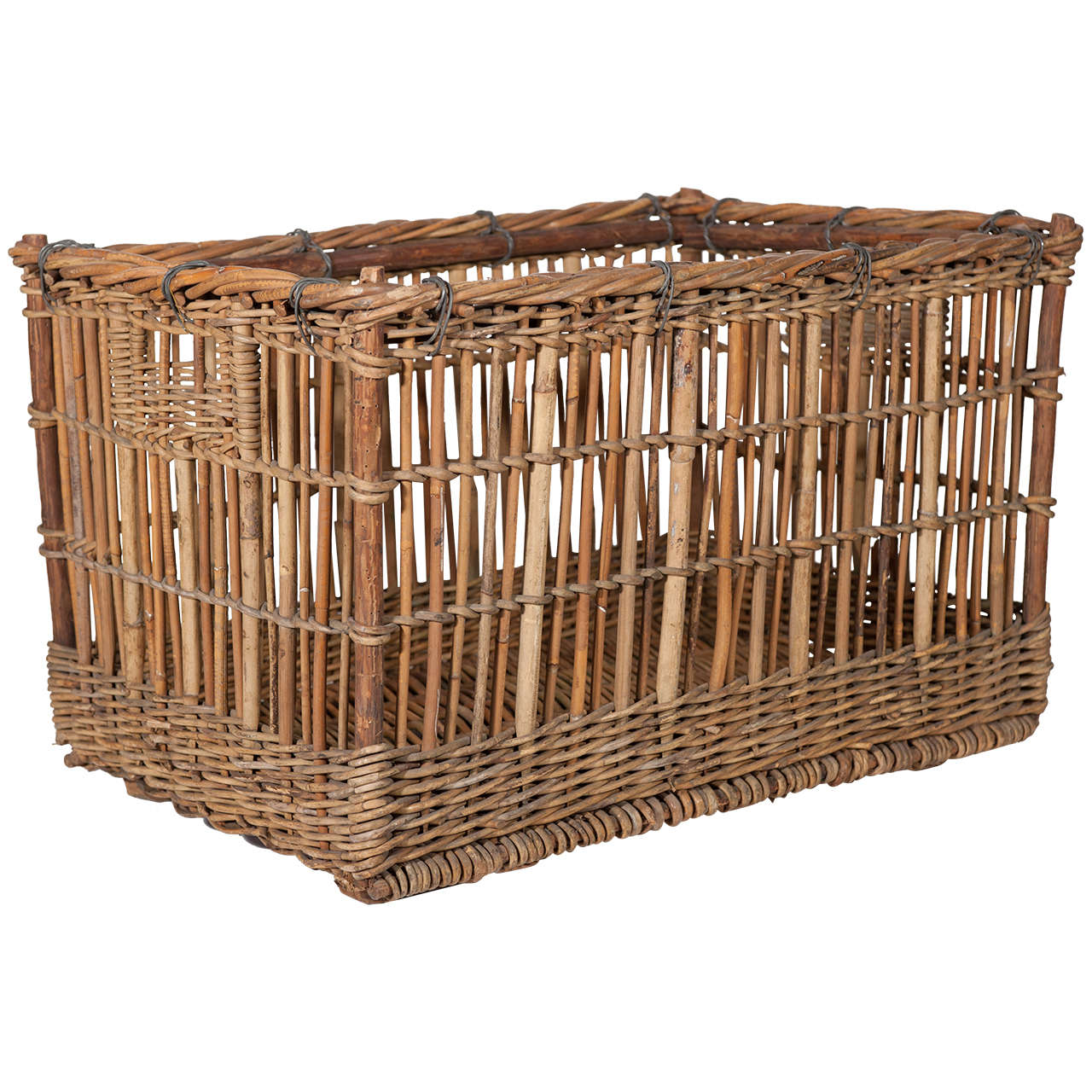 19th century Rustic Wicker Basket with Wooden Footing, c. 1890 France For Sale