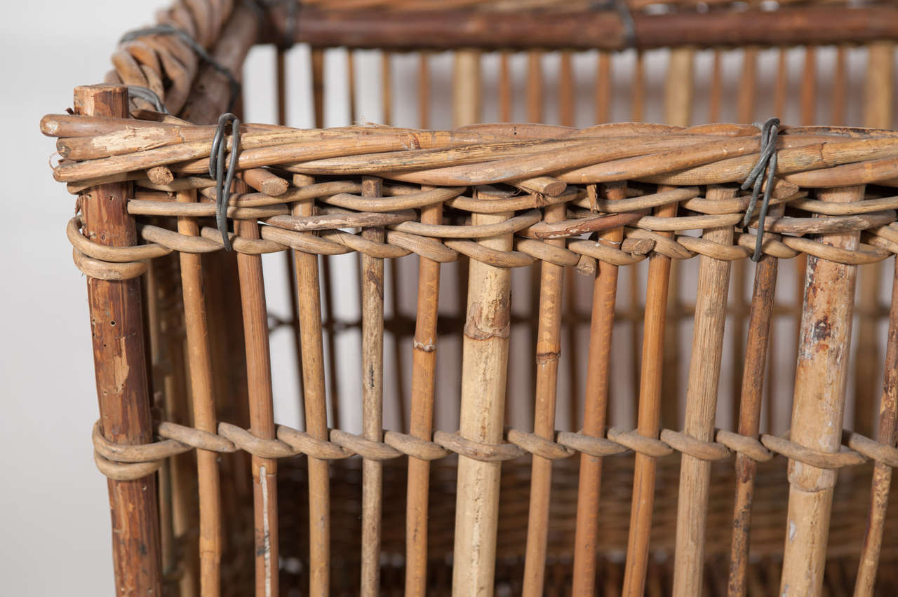 French 19th century Rustic Wicker Basket with Wooden Footing, c. 1890 France For Sale