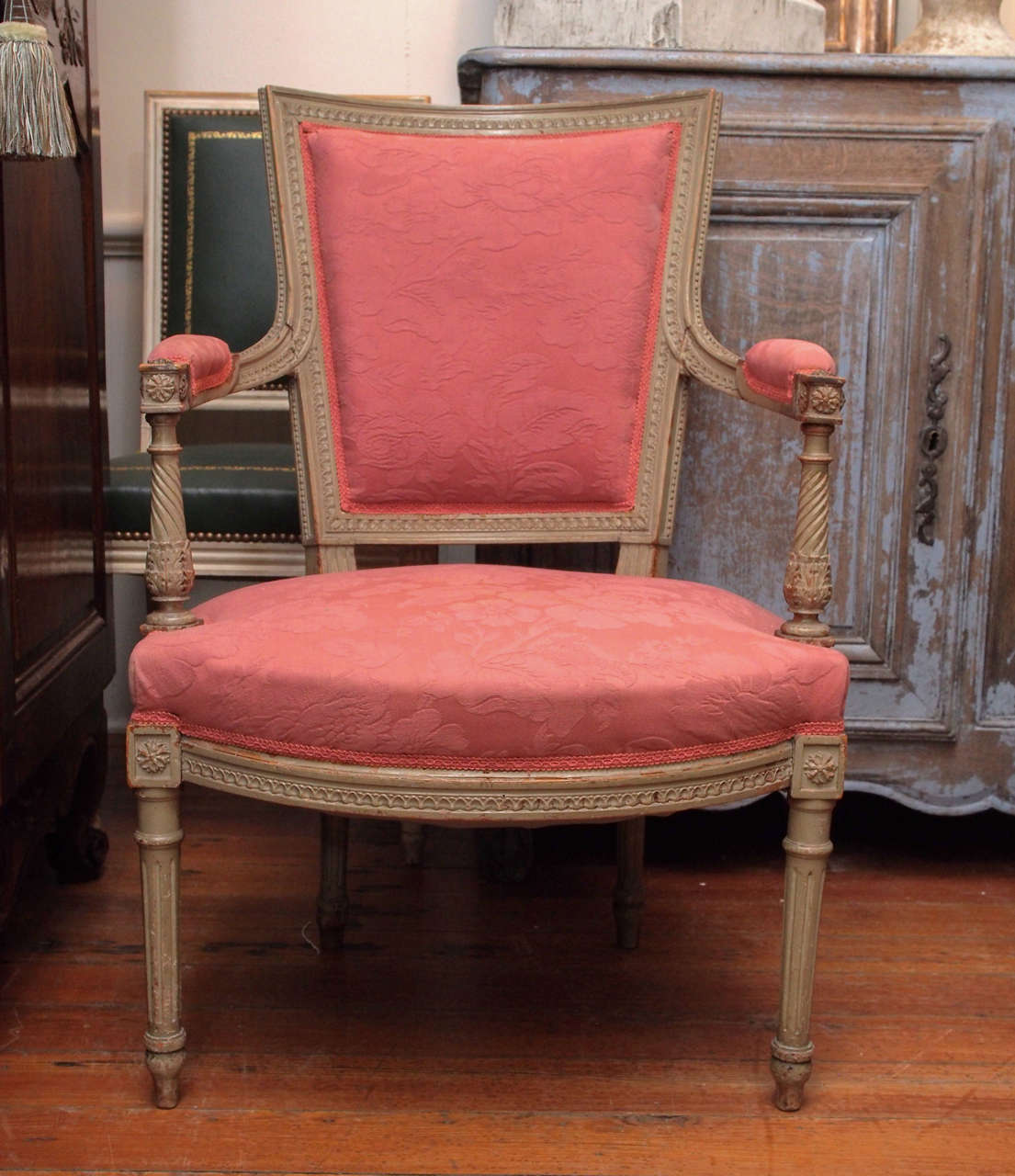 Pair of early 19th century armchairs painted in a pale green. Directoire style
will need new upholstery.