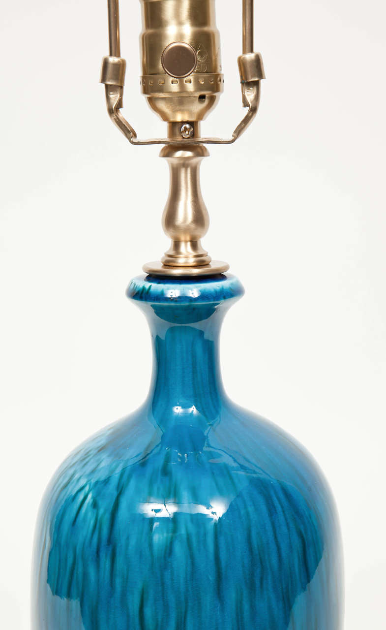 Mid-Century Modern Pair of Italian Blue Ceramic Lamps by Bitossi