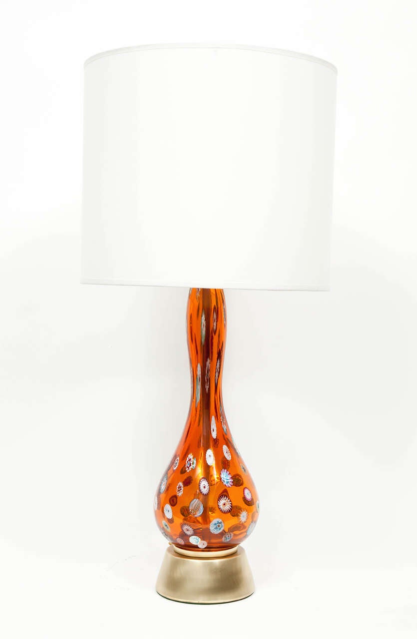 Fantastic pair of Italian genie bottle shaped Murano glass lamps with Millefiori glass details on satin Brass bases.