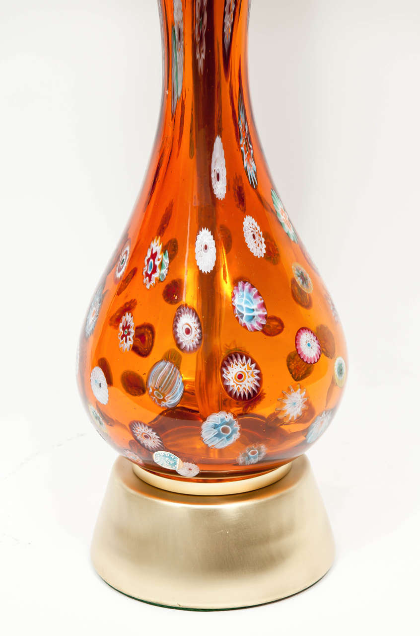 Mid-Century Modern Pair of Orange Murano Glass Lamps with Millefiori