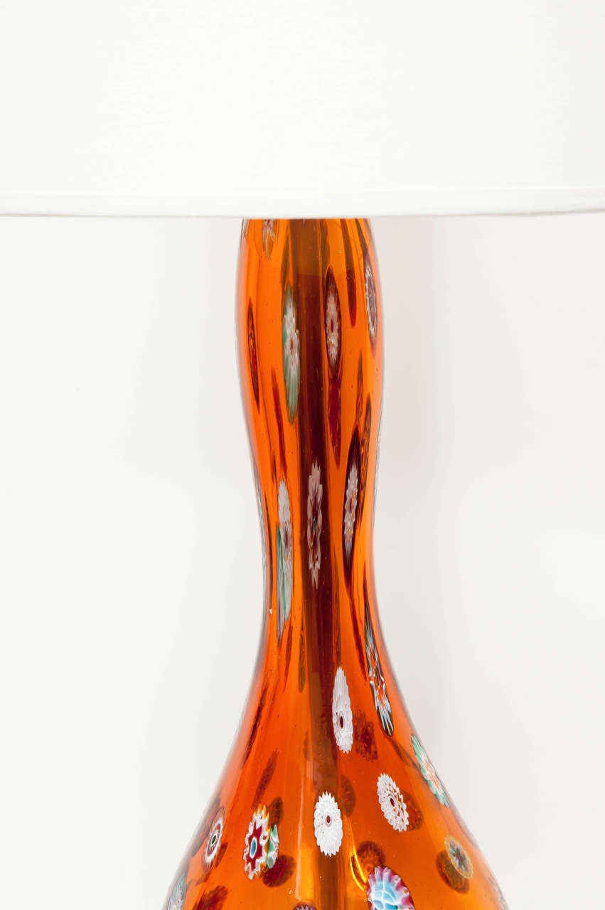 Italian Pair of Orange Murano Glass Lamps with Millefiori