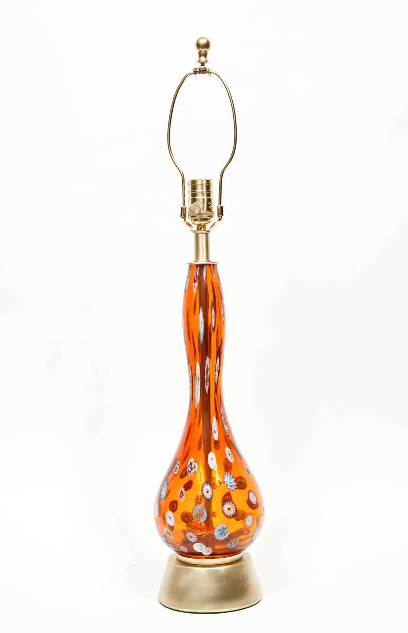 Pair of Orange Murano Glass Lamps with Millefiori In Excellent Condition In New York, NY