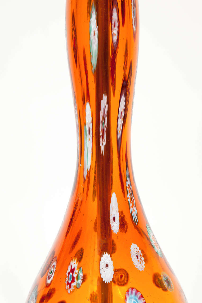 Mid-20th Century Pair of Orange Murano Glass Lamps with Millefiori