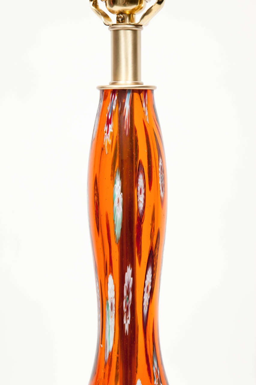 Pair of Orange Murano Glass Lamps with Millefiori 1
