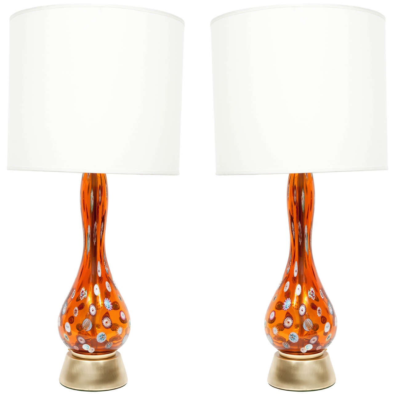 Pair of Orange Murano Glass Lamps with Millefiori