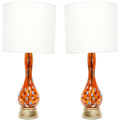 Pair of Orange Murano Glass Lamps with Millefiori