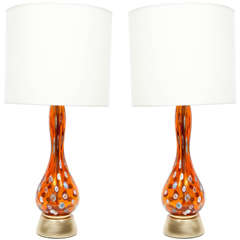 Retro Pair of Orange Murano Glass Lamps with Millefiori