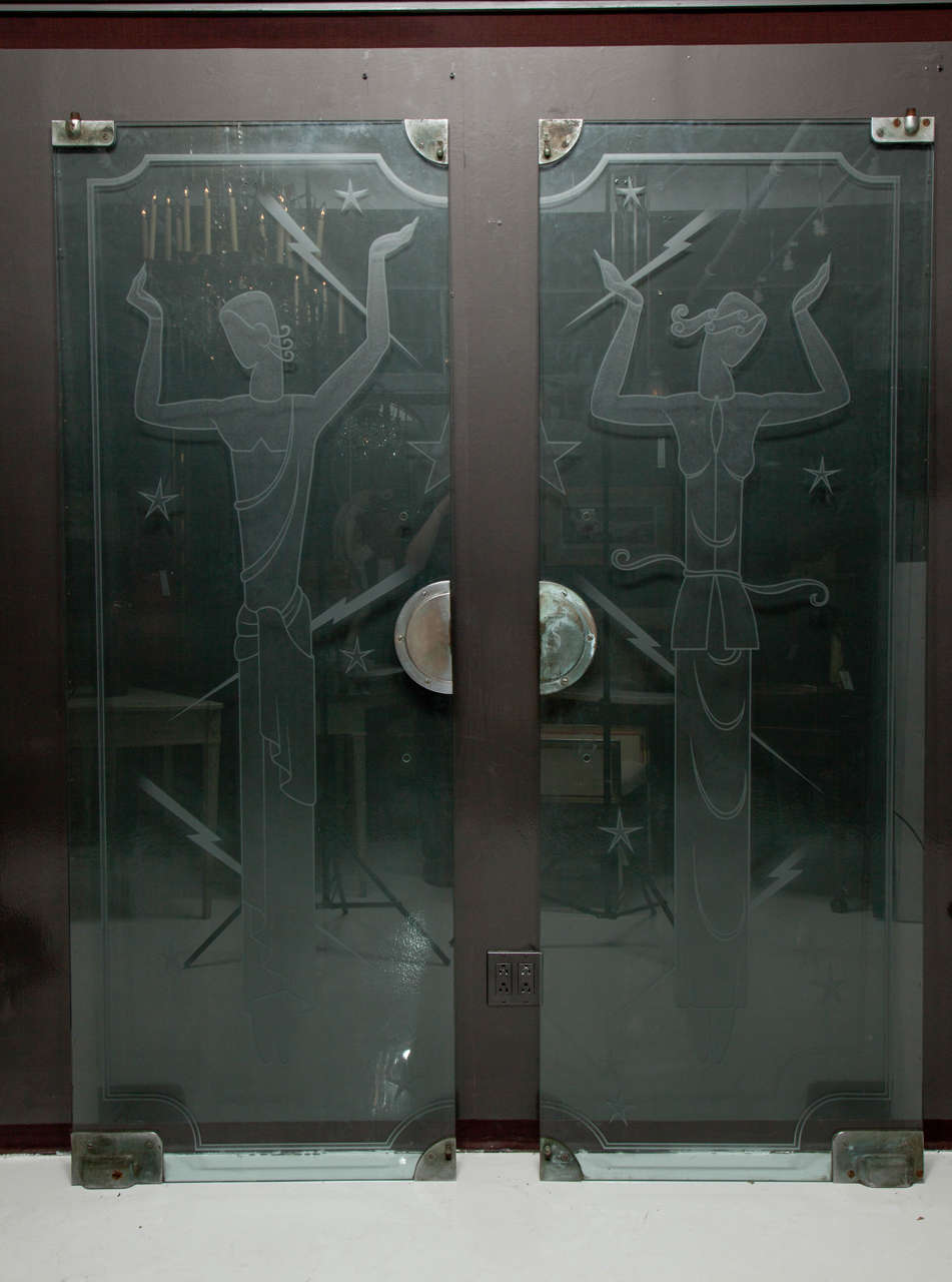 Pair of English Etched Glass Deco Doors For Sale 2