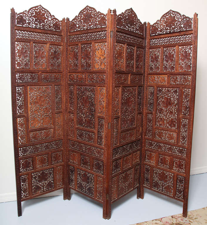 Asian Faux Pair of Hand Carved Four Panel Wood Screens