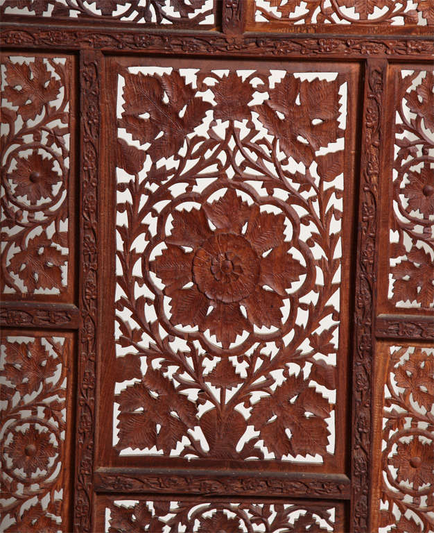 Faux Pair of Hand Carved Four Panel Wood Screens 3