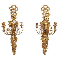 Pr. of Lg. Carved Wood Louis XVI Style Gilt Sconces