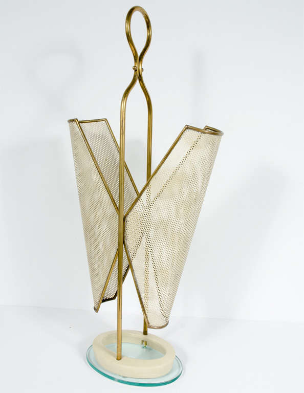 Italian Brass, Perforated Metal and Glass Umbrella Stand In Good Condition In New York, NY