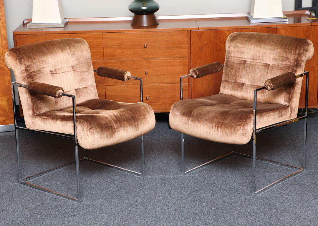 PAIR Milo Baughman Chrome & Velvet Arm Chairs