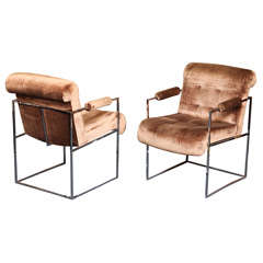 Vintage PAIR Milo Baughman Chrome & Velvet Arm Chairs