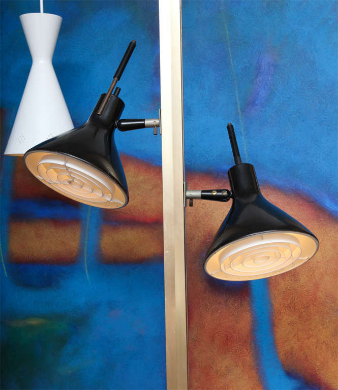 ...SOLD JANUARY 2012...Lightolier Lytespan tension spring floor to ceiling pole lamp with cone lamps by Gerald Thurston for Lightolier, Inc. The original track allowing lamps to be moved along the track....mother of all track lighting to follow. 