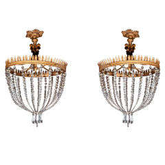 Antique Pair of French Crystal Basket Form Chandeliers