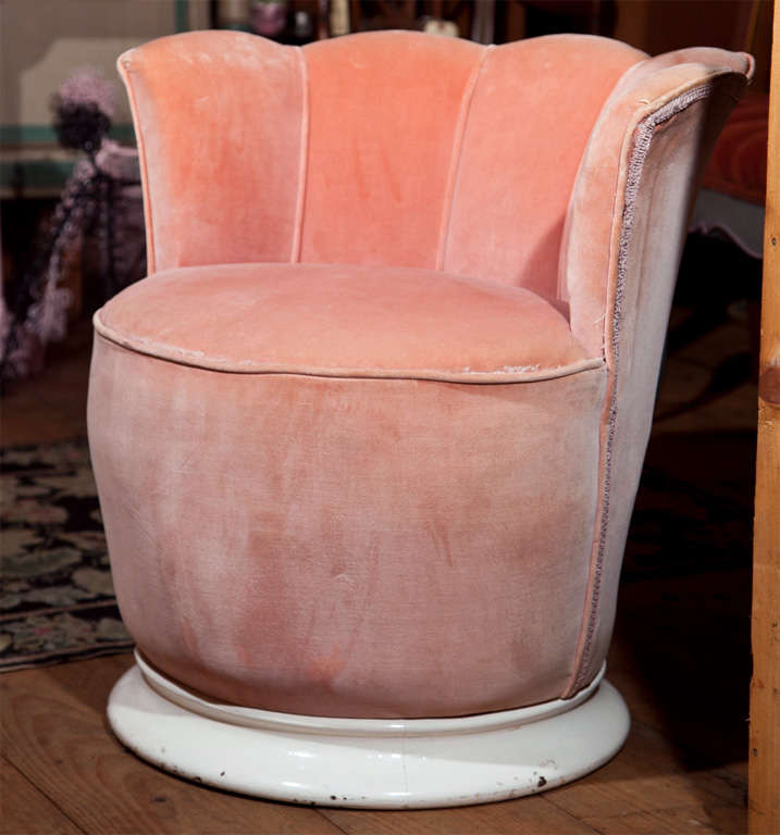 Charming little French velvet boudoir chair on a round wood base.