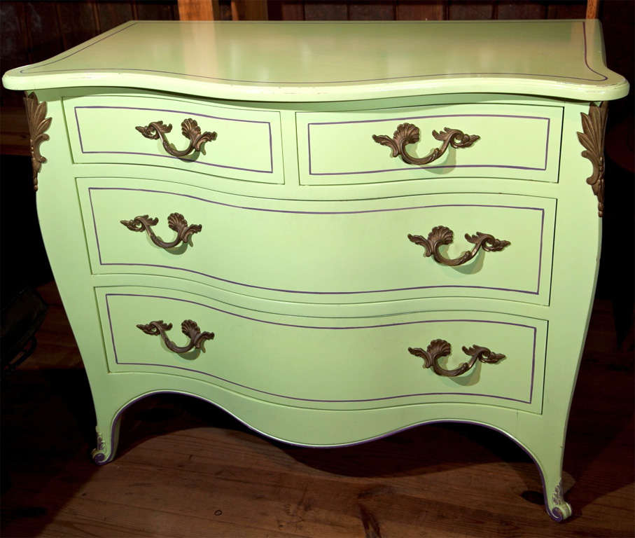 Funny Girl? Chartreuse and purple pinstriped 60's inspired commodes. The high quality craftsmanship suggests that this great pair of chests may have been custom made pieces. The rear feet are as detailed as the front. Divine coloring!